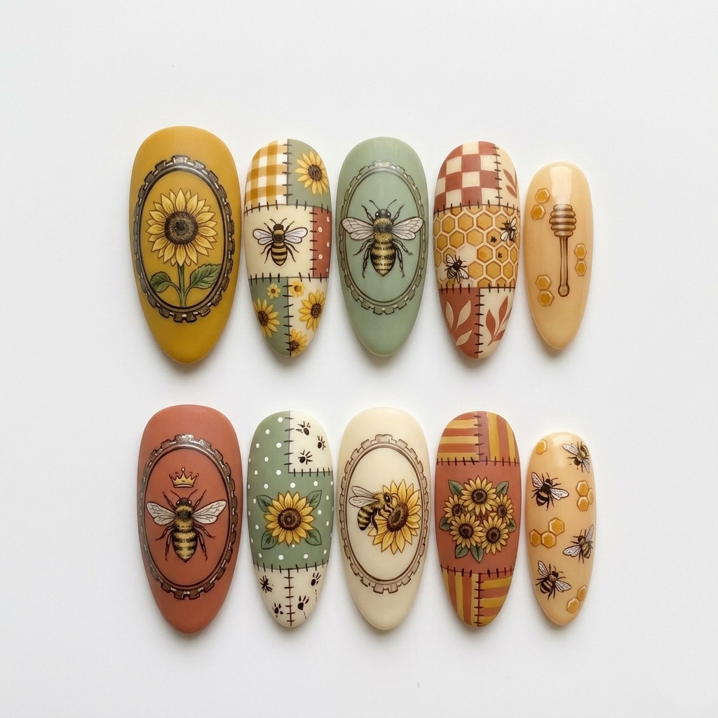 Honey Bee Sunflower Patchwork Nails