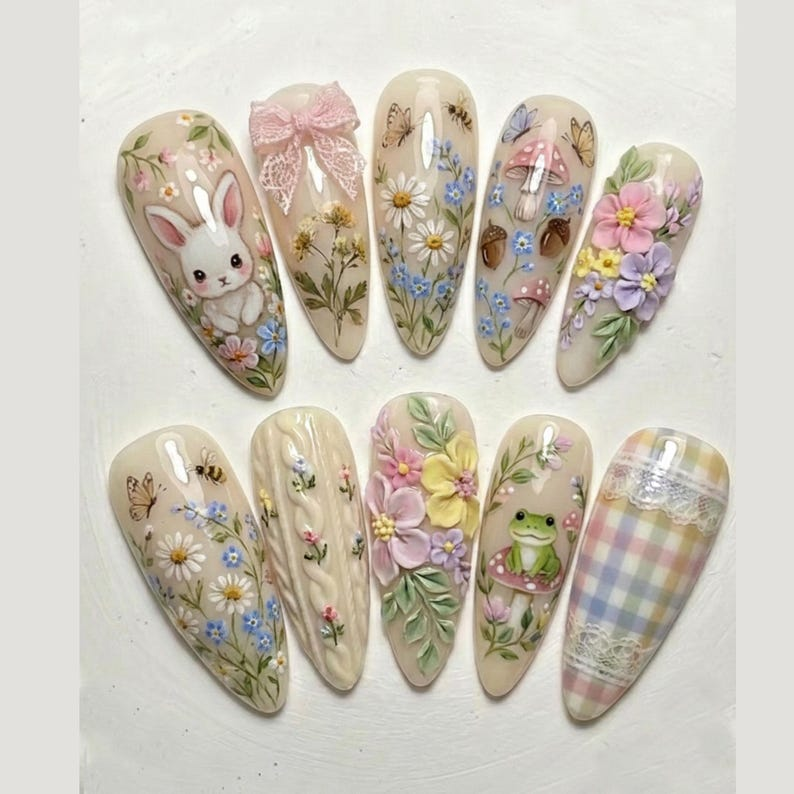 Cottagecore Spring Bunny Floral Nails