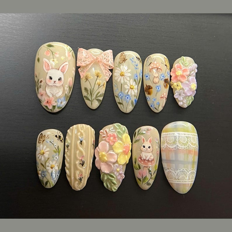 Cottagecore Spring Bunny Floral Nails