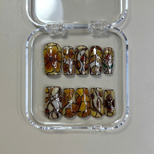 Amber Stained Glass Floral Nails